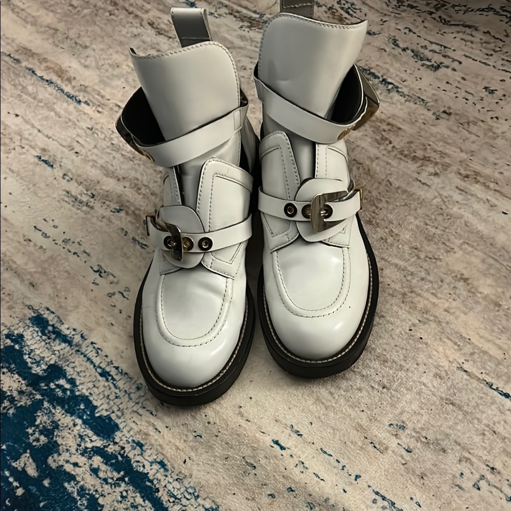 Balenciaga White Combat Boots with Gold Accents - Picture 2 of 11
